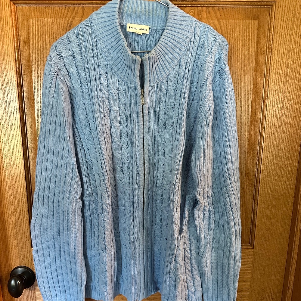Studio Works Blue Zip Down Cable Knit Cardigan Sweater.  Size XL.